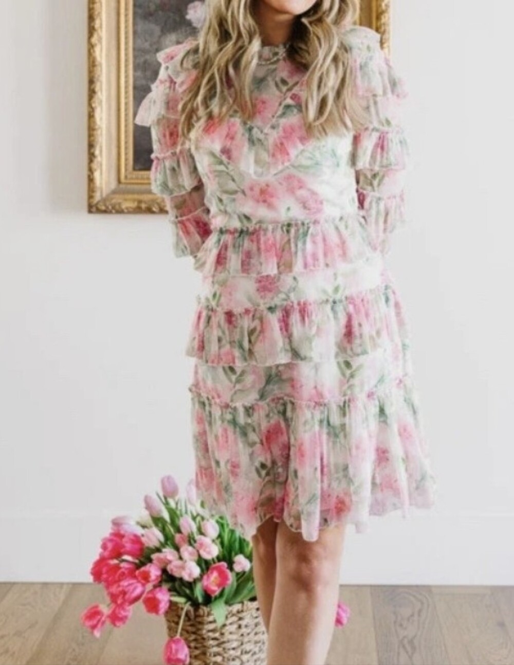 Ivy City Co Pink & Green Floral Ruffle Midi Dress Size 4
